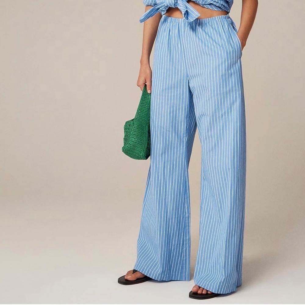 J.‎ Crew Cosmo Pants Oxford Stripe Blue White Wide Leg Cotton Poplin - XXsmall